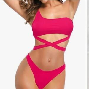 HOT Pink Barbie Criss Cross High Cut One Shoulder Hot Bikini